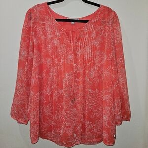 Tommy Hilfiger Coral & White Peasant Blouse, Size XL, Excellent Condition
